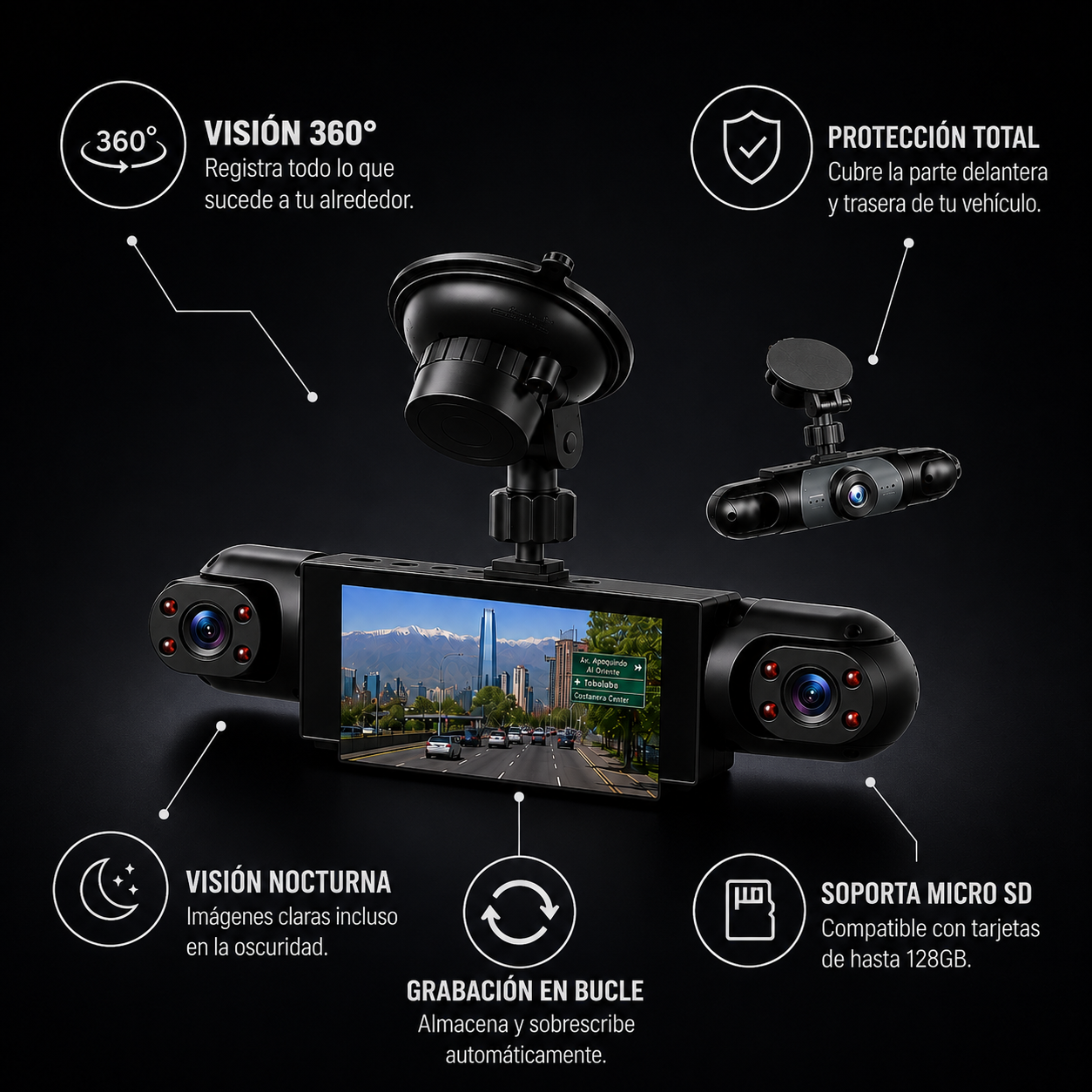 Dash Cam Pro 360° | Grabación para seguridad y tu testigo en el camino